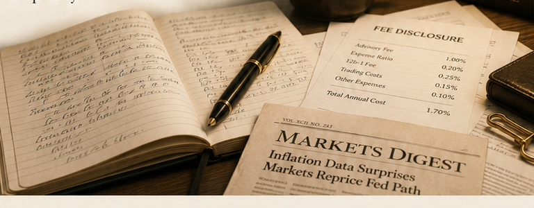 A study desk — an open ledger, a fee-disclosure statement showing a 1.70% total annual cost, and a markets newspaper