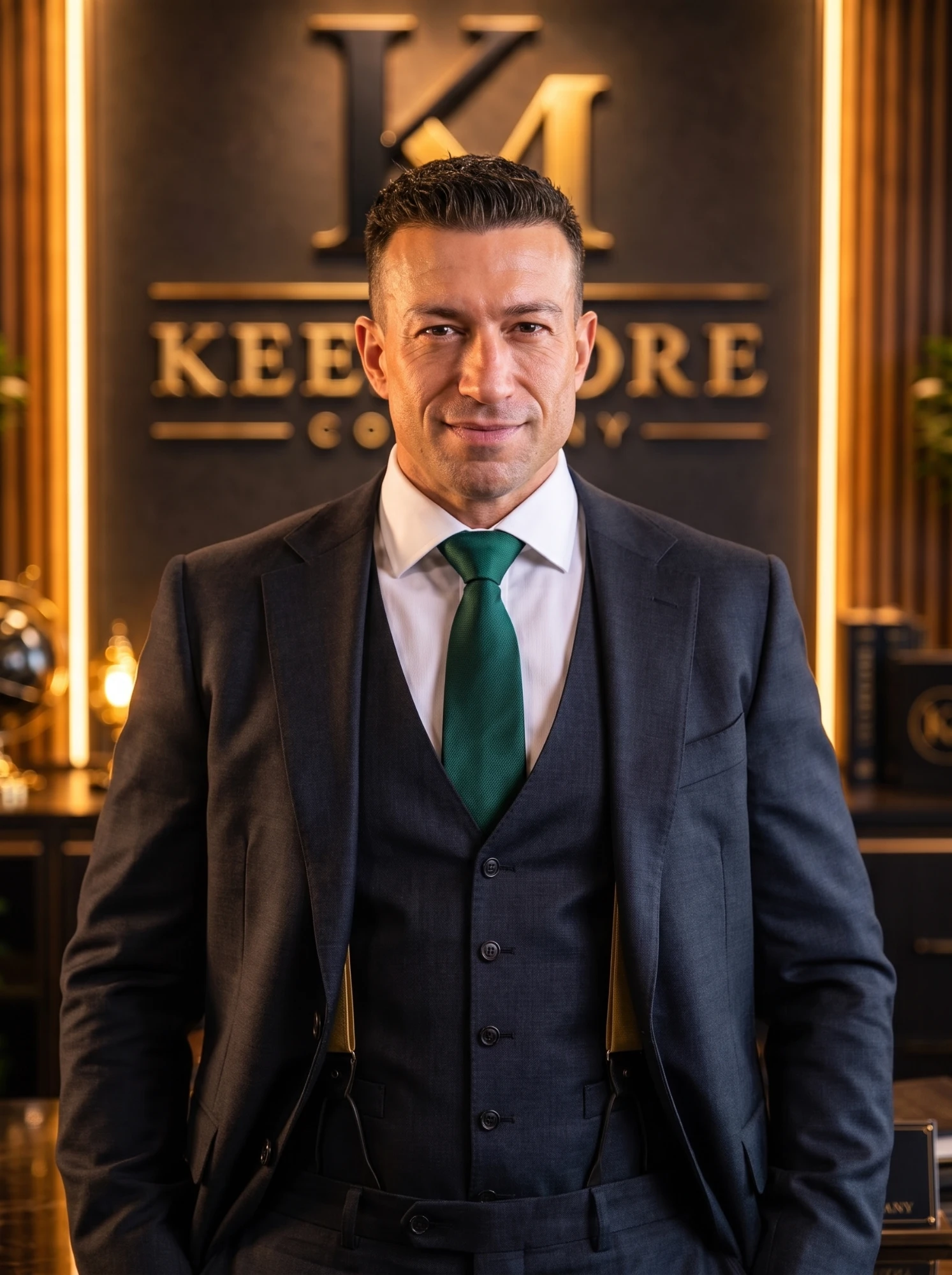 Nate Sillyman, Founder — The KeepMore Company, standing before the gold KM crest