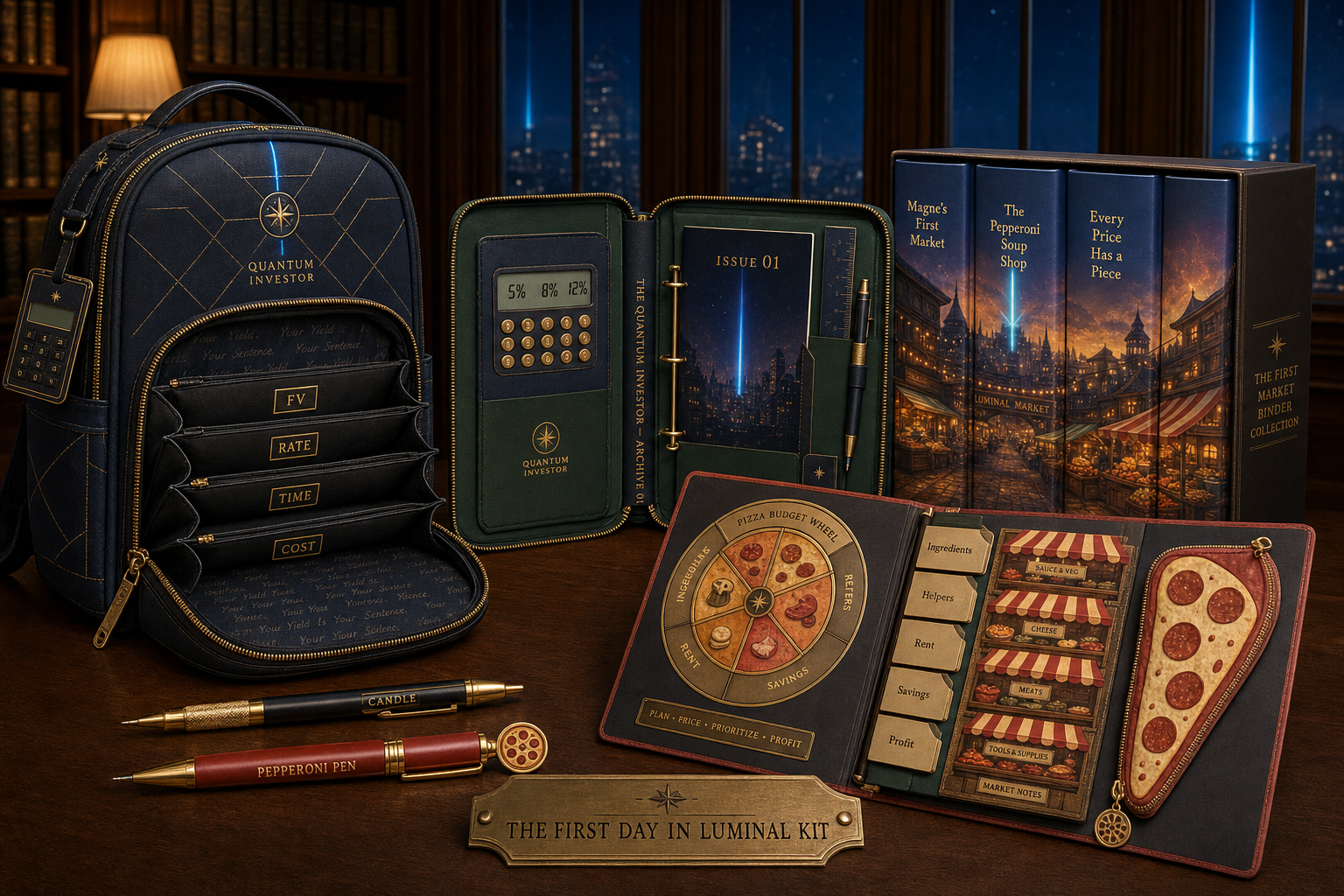 Concept for The First Day in Luminal Kit with the Ruled Sky backpack, Luminal Archive trapper, First Market Binder Collection, pizza-budget ledger, Candle pencil, and Pepperoni Pen