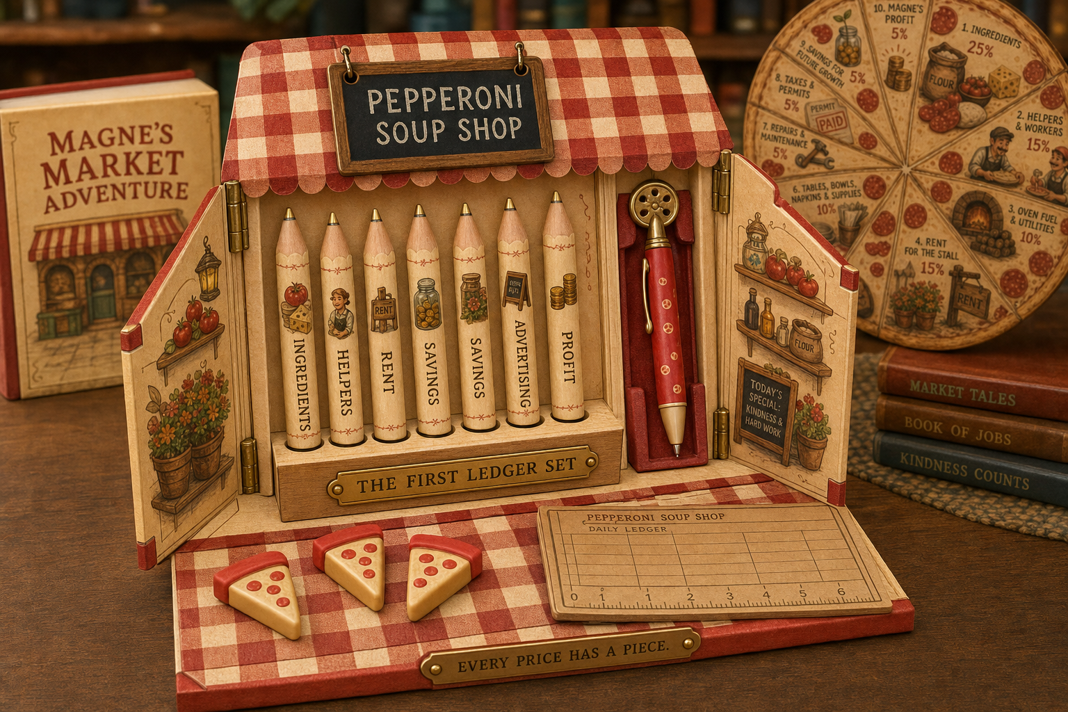 Concept for the Gilded Market Edition of The First Ledger Set with slim gold-tipped category pencils, a Pepperoni Pen, pizza pieces, and a daily ledger inside a market-stall presentation case