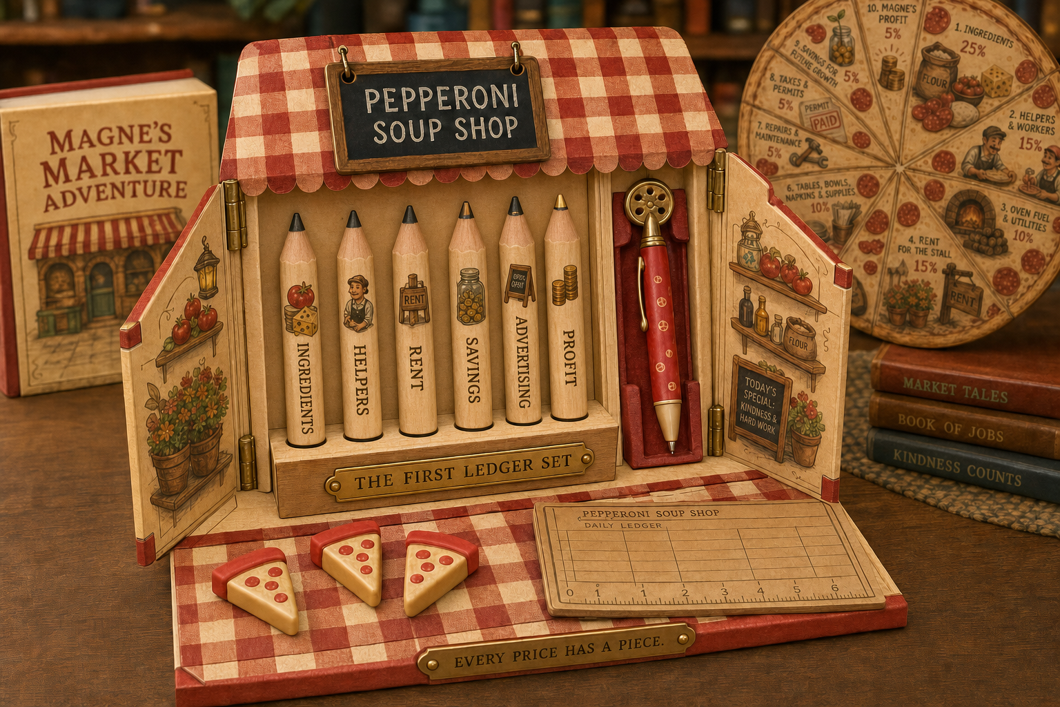Concept for the Graphite Market Edition of The First Ledger Set with six dark-tipped category pencils, a Pepperoni Pen, pizza pieces, and a daily ledger inside a market-stall presentation case