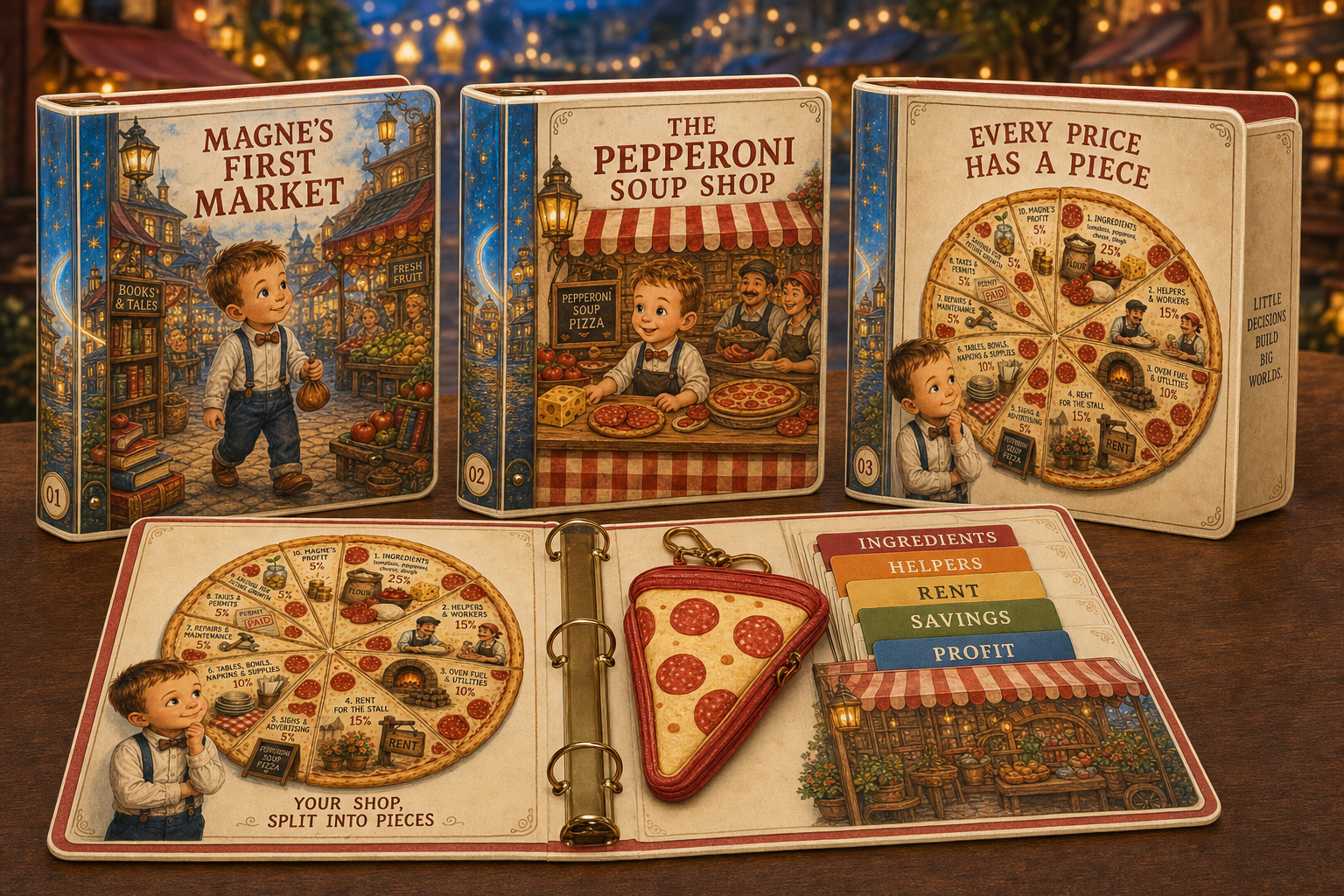 Concept for The First Market Binder Collection with Magne's First Market, The Pepperoni Soup Shop, and Every Price Has a Piece binders, pizza-budget learning spread, five dividers, and pizza-slice zipper pouch