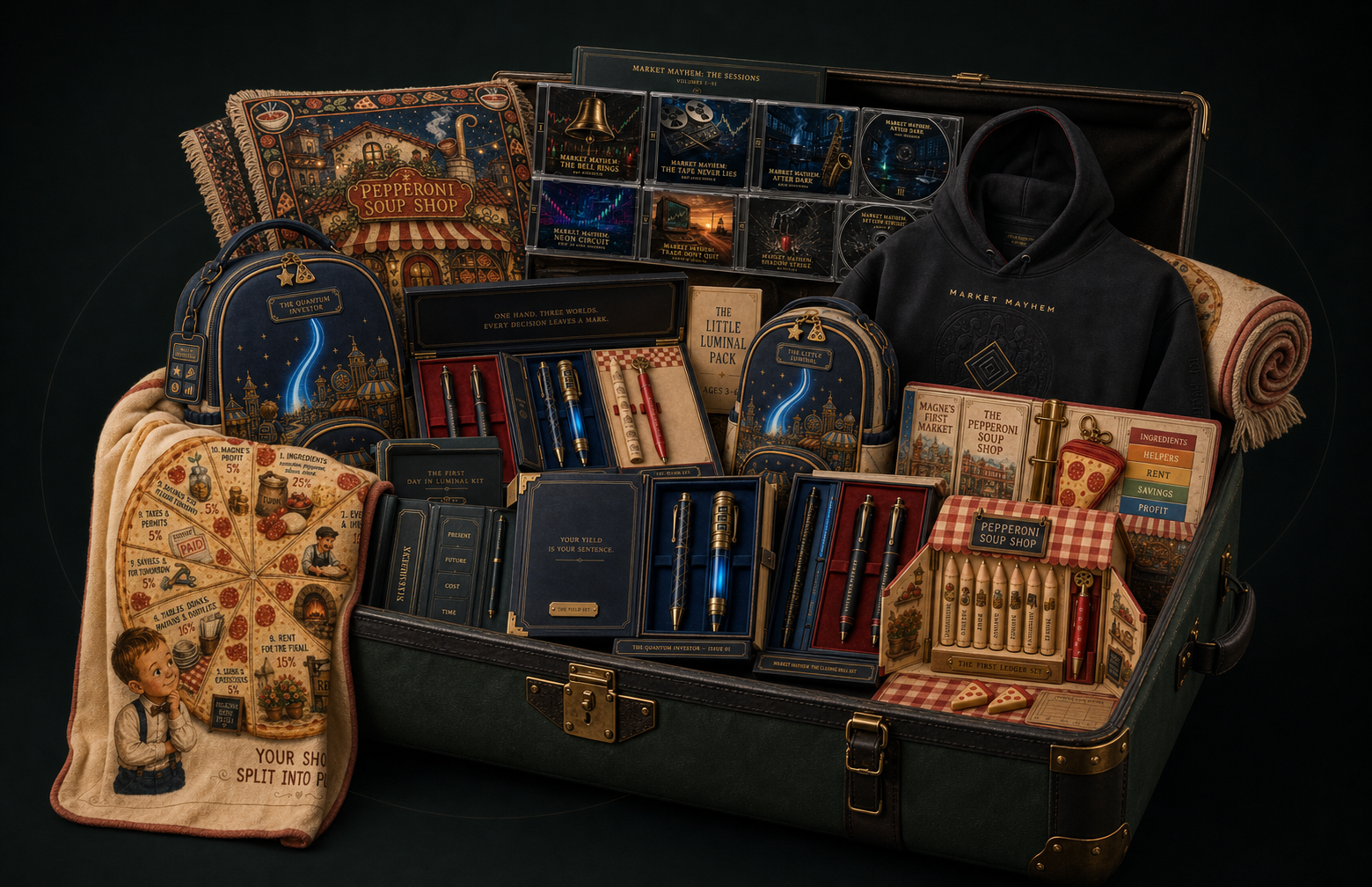 The KeepMore Archive Chest filled with Market Mayhem, Quantum Investor, and Mini Money Magne Man collector products