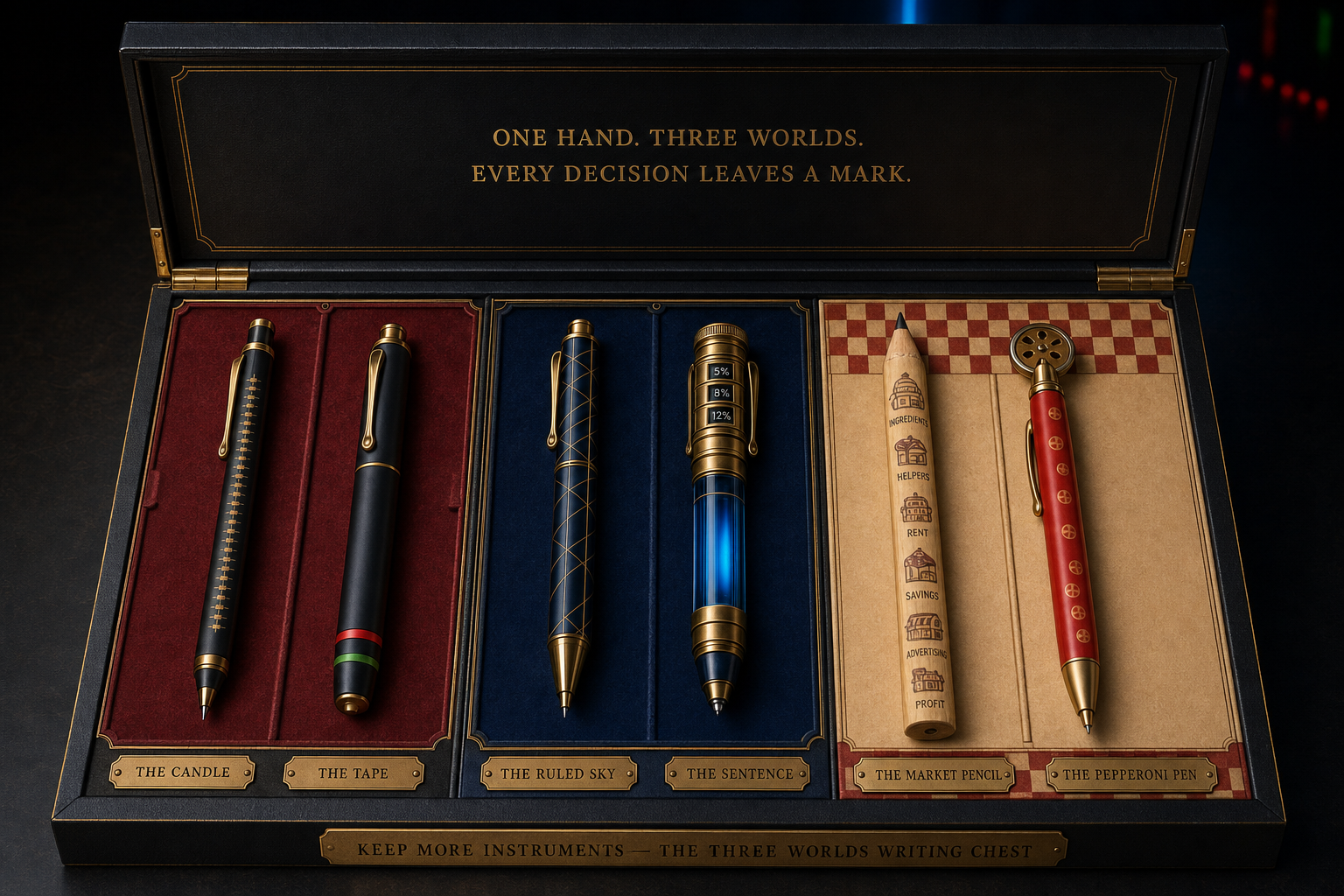 Concept for the KeepMore Instruments Three Worlds Collection with six writing instruments arranged in a black and gold presentation chest