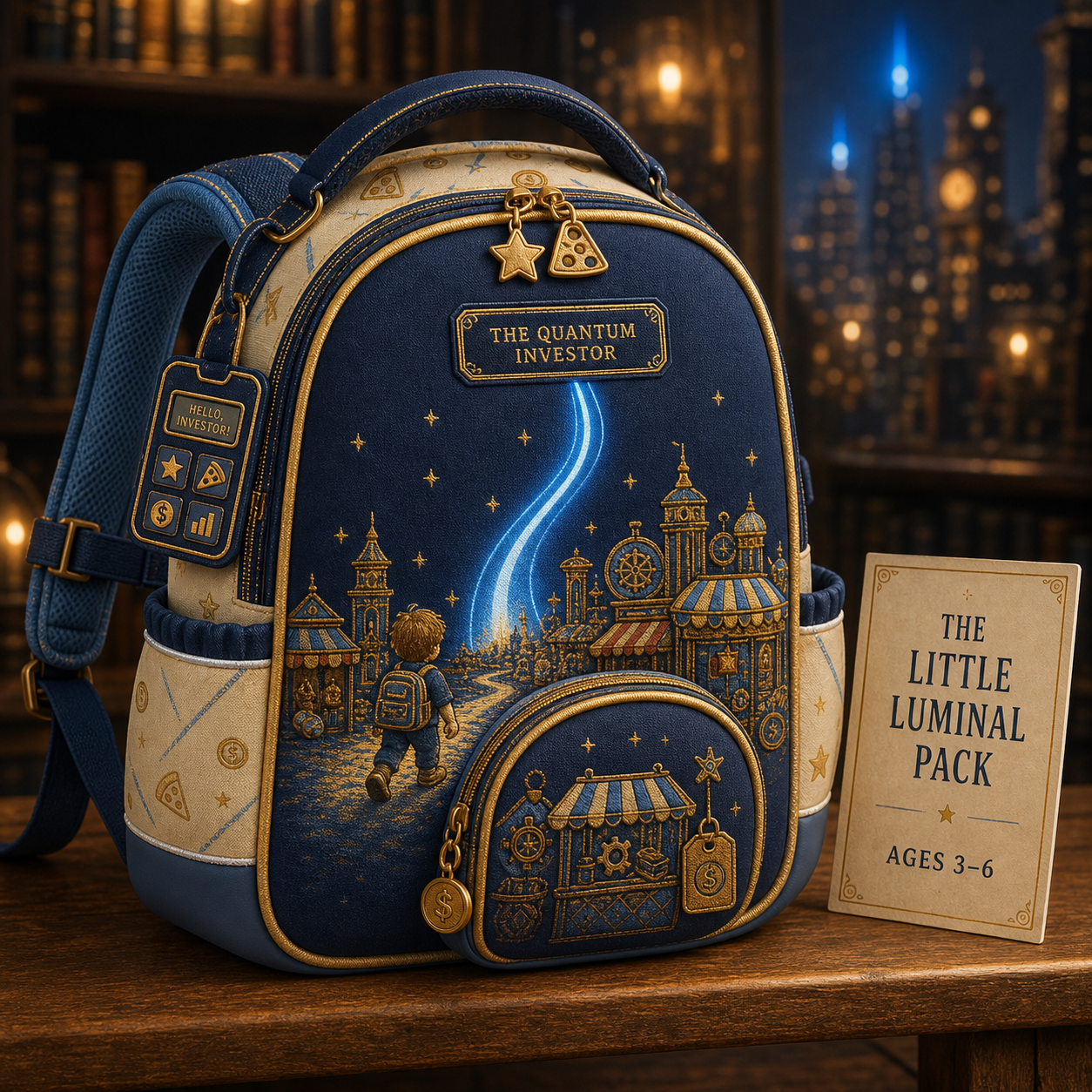 Concept for The Little Luminal Pack, a navy, parchment, and gold child-sized backpack with integrated Luminal marketplace embroidery, reflective blue path, and calculator identity tag