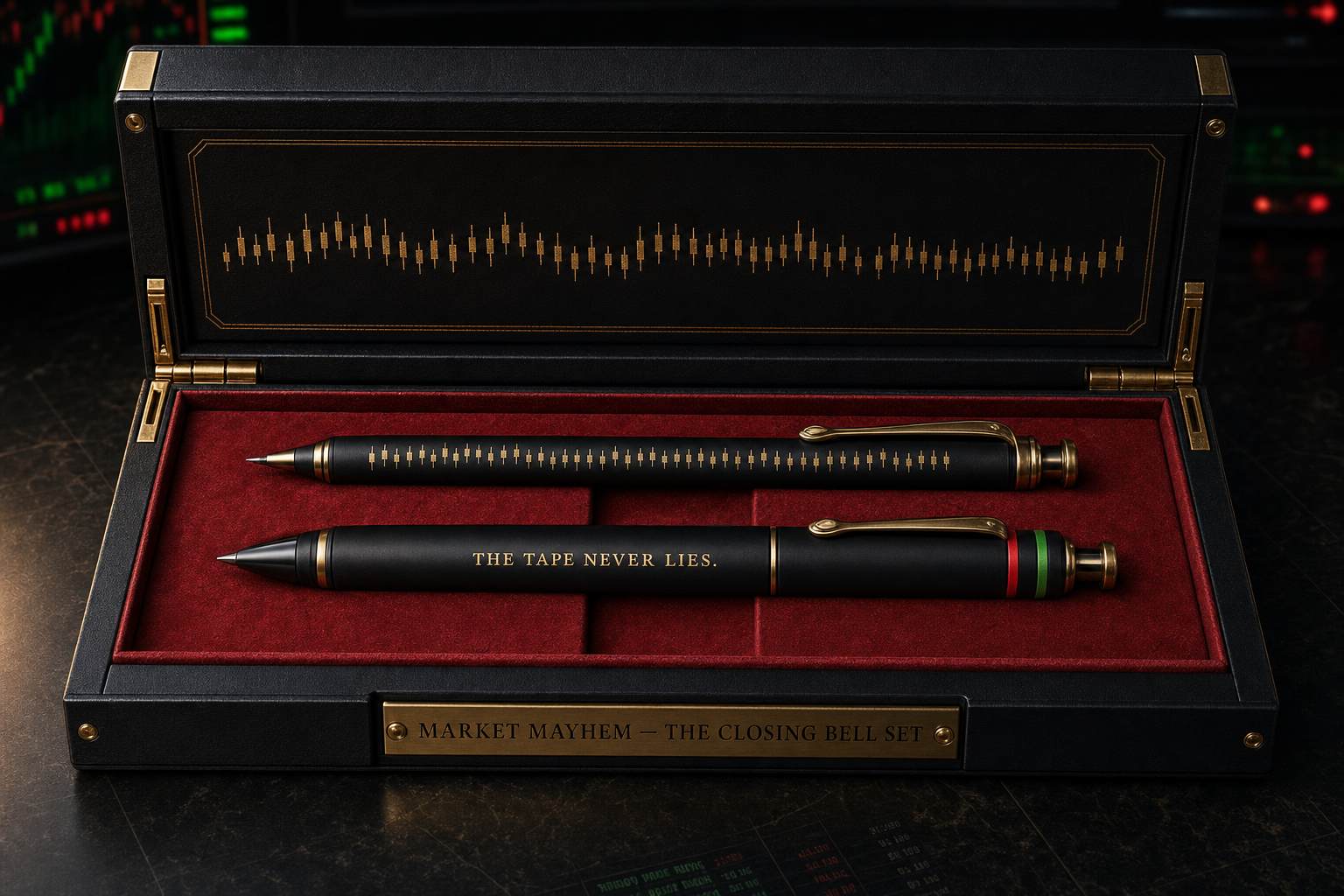 Concept for the Market Mayhem Closing Bell Set with a candlestick mechanical pencil and The Tape Never Lies rollerball in a black, brass, and oxblood presentation chest