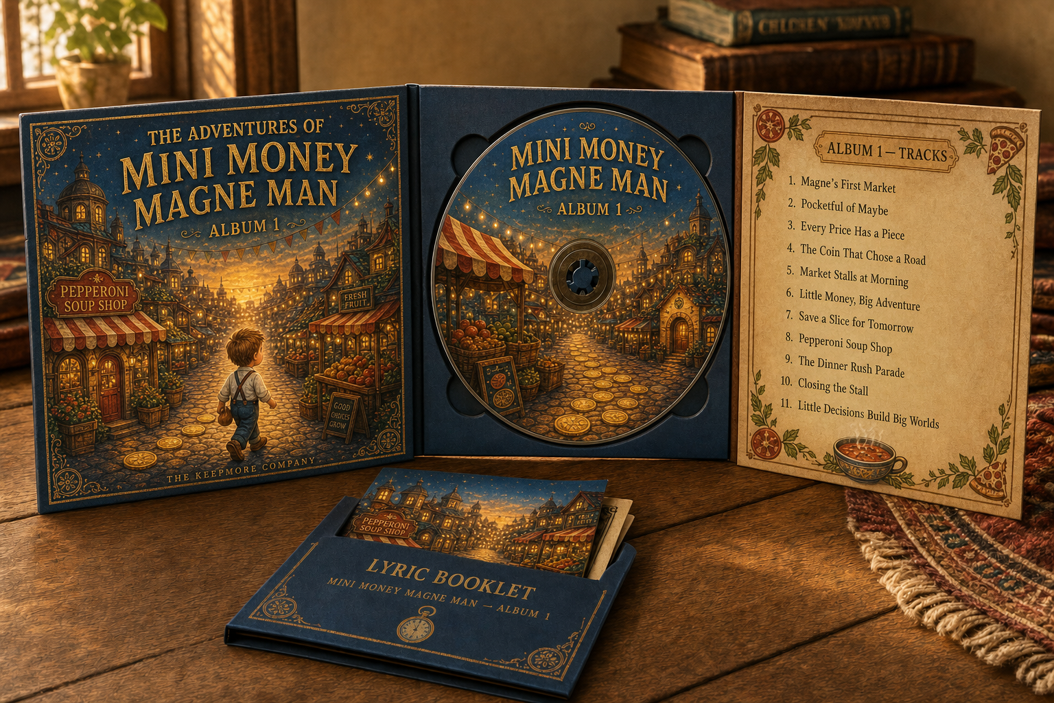 Concept package for The Adventures of Mini Money Magne Man Album 1 with illustrated disc case, eleven-track list, and printed lyric booklet