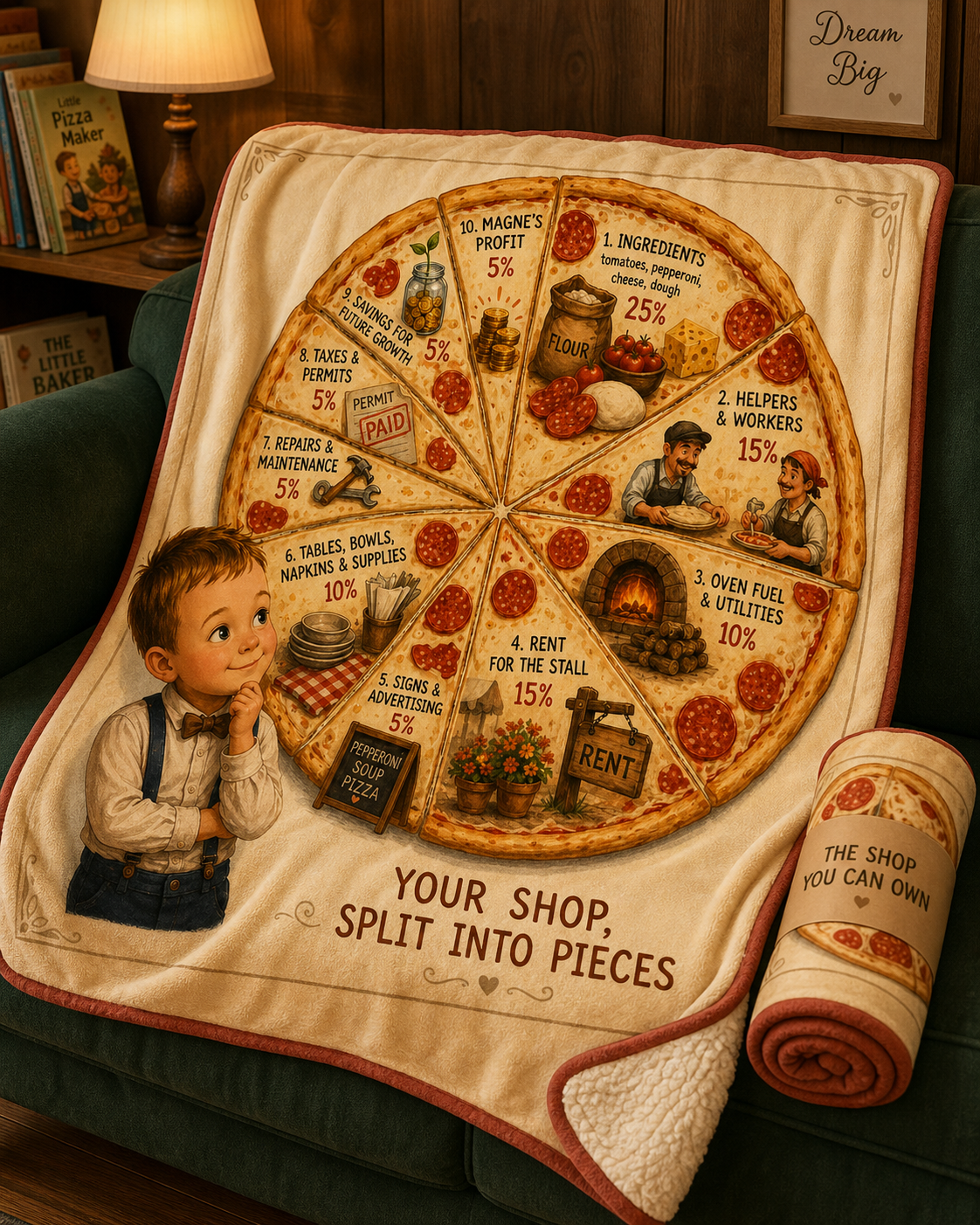 Concept for the Pepperoni Pizza Blanket of Learning showing a ten-part shop budget