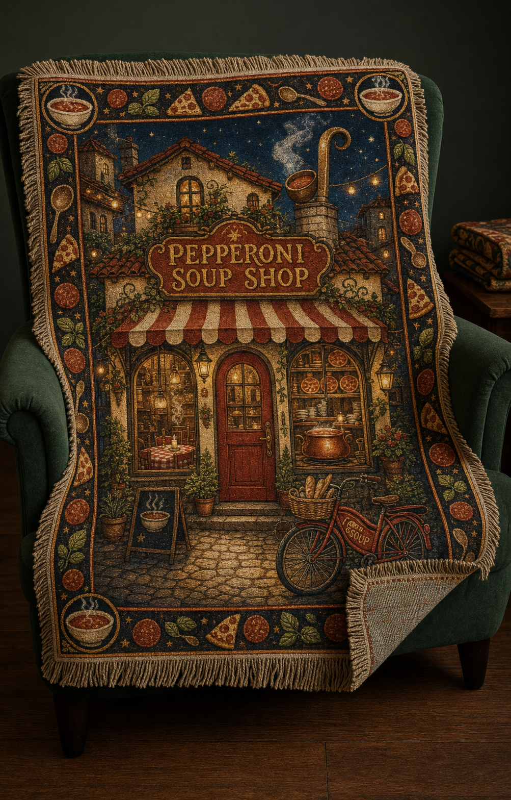 Concept for the woven Pepperoni Soup Shop reading rug