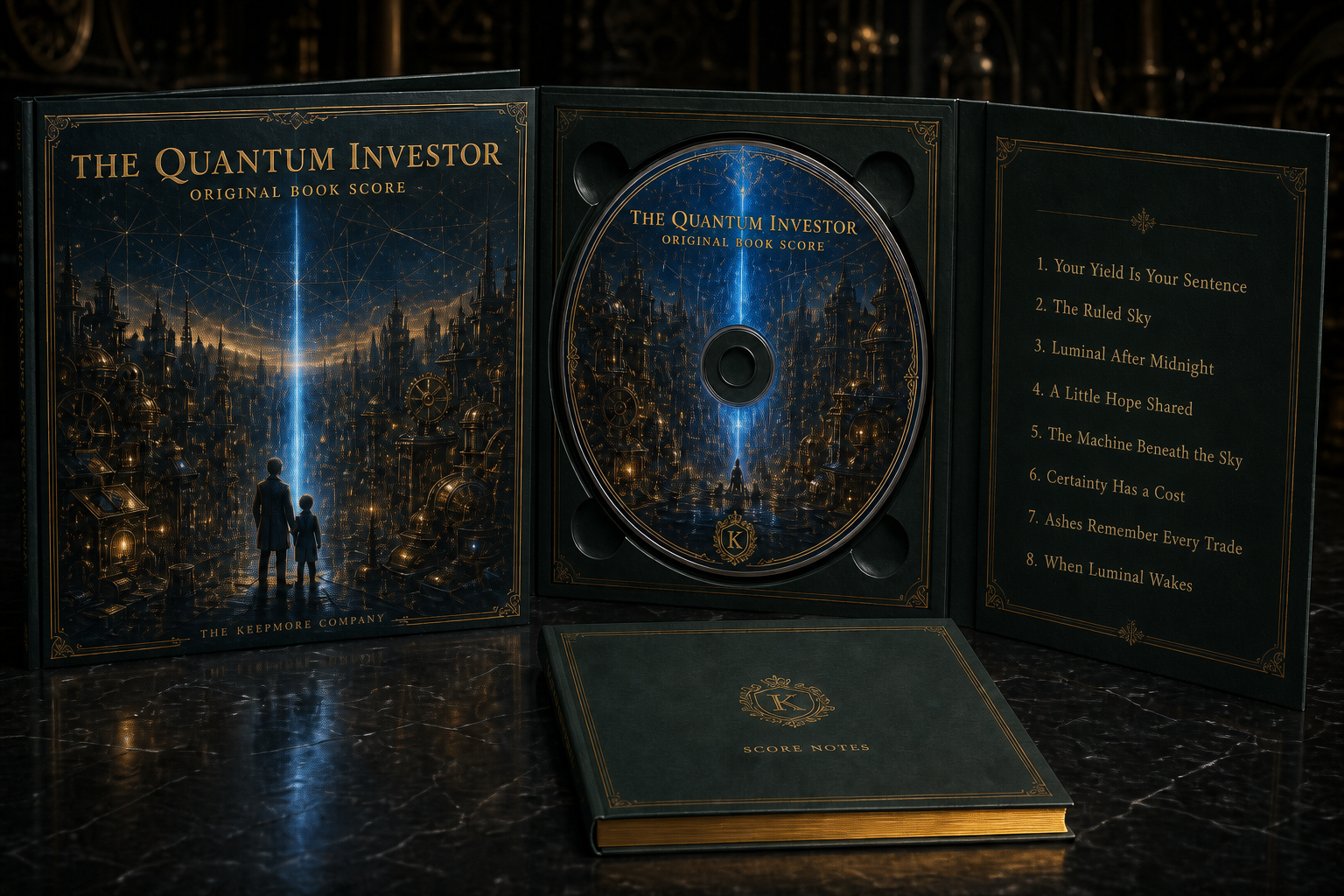 Concept package for The Quantum Investor eight-track original book score with disc, illustrated case, track list, and score-notes booklet