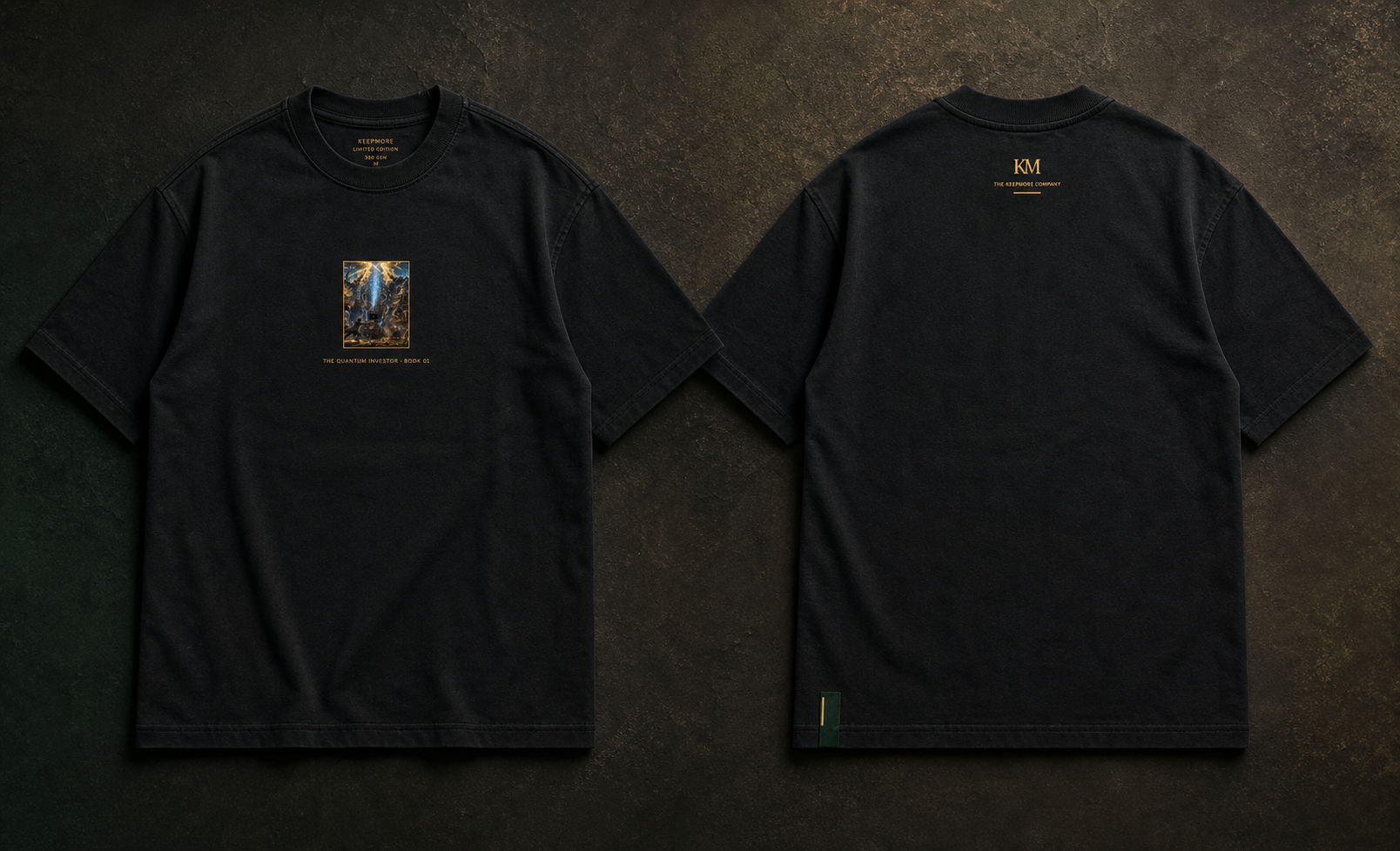 Front and back concept for the black heavyweight Quantum Investor Issue 01 tee