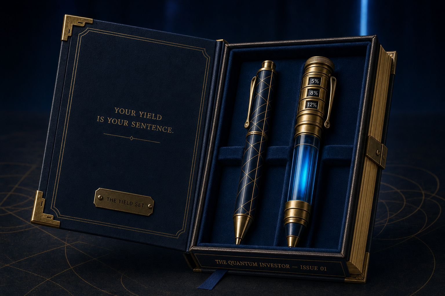 Concept for The Quantum Investor Yield Set with a navy and gold geometric writing instrument and a blue illuminated Yield Gauge marked 5, 8, and 12 percent in a book-form presentation case