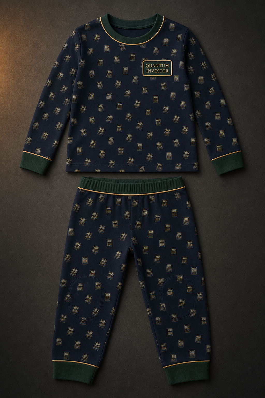 Navy Quantum Investor children's pajama set patterned with small calculators