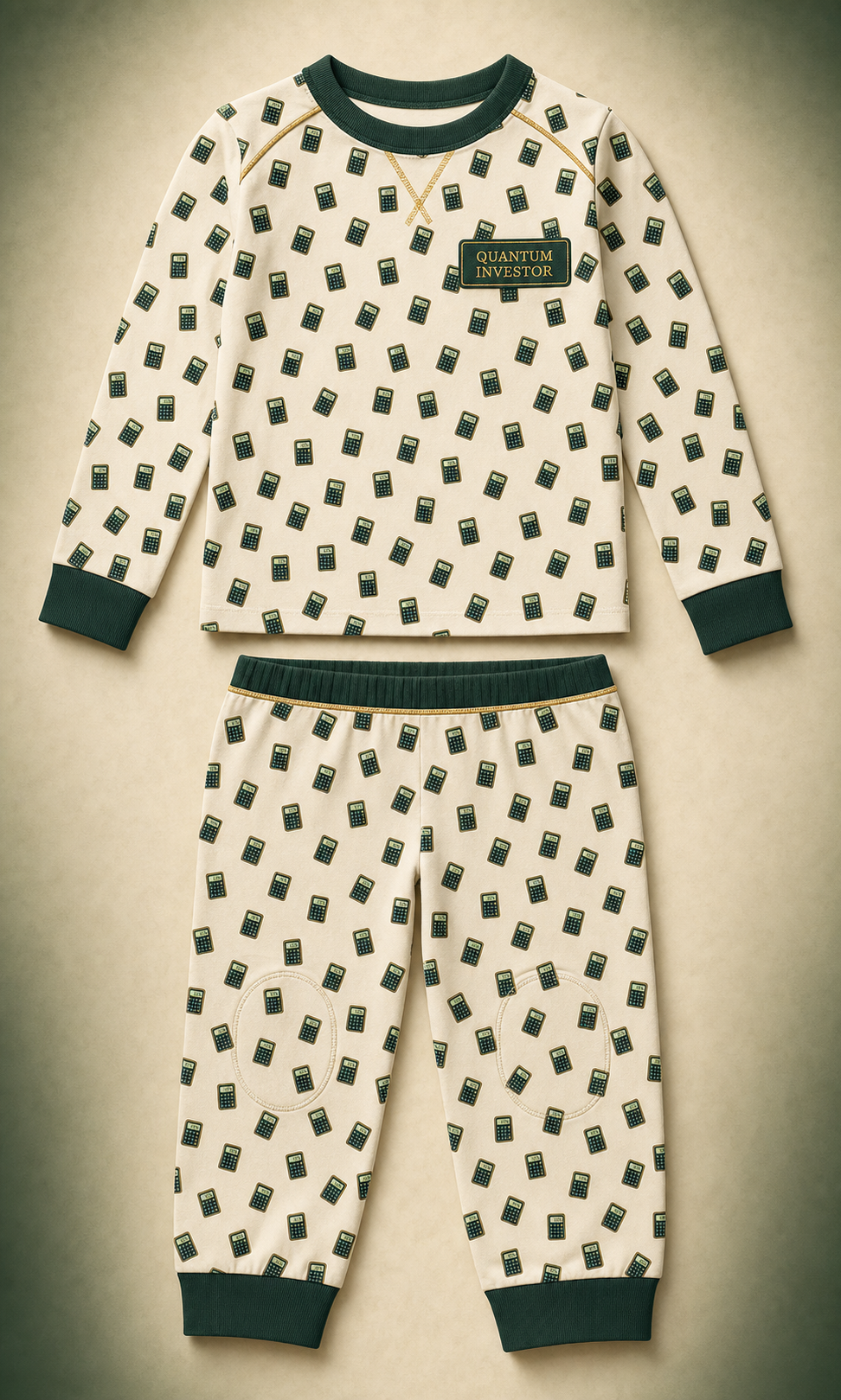 Cream Quantum Investor children's pajama set patterned with small calculators