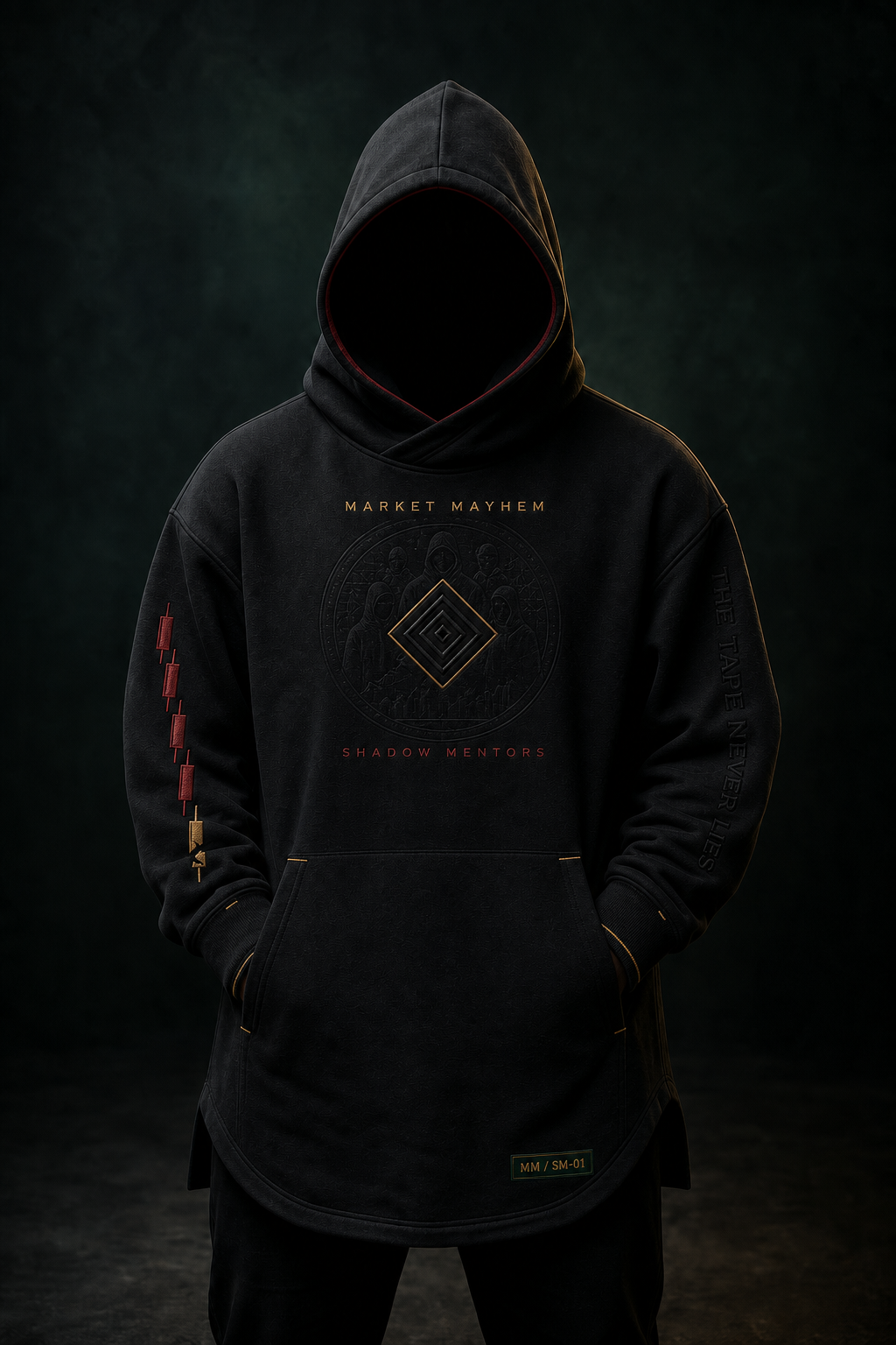 Market Mayhem MM/SM-01 Shadow Mentor Hoodie with a deep faceless hood and embroidered tape details