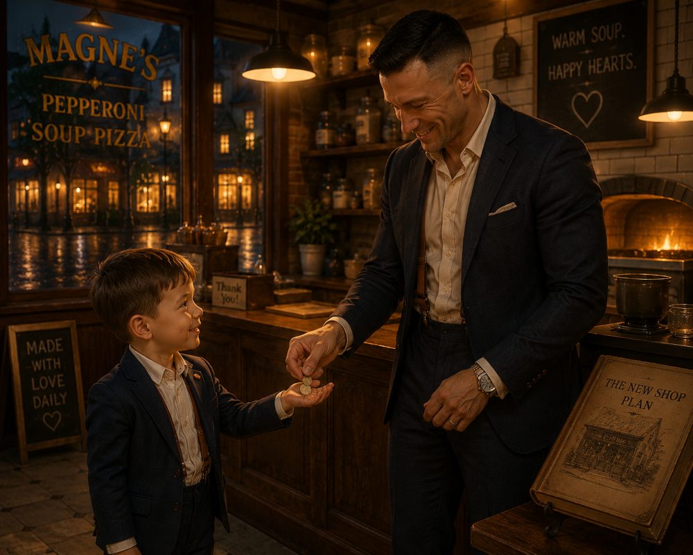 Mr. M giving coins to Magne