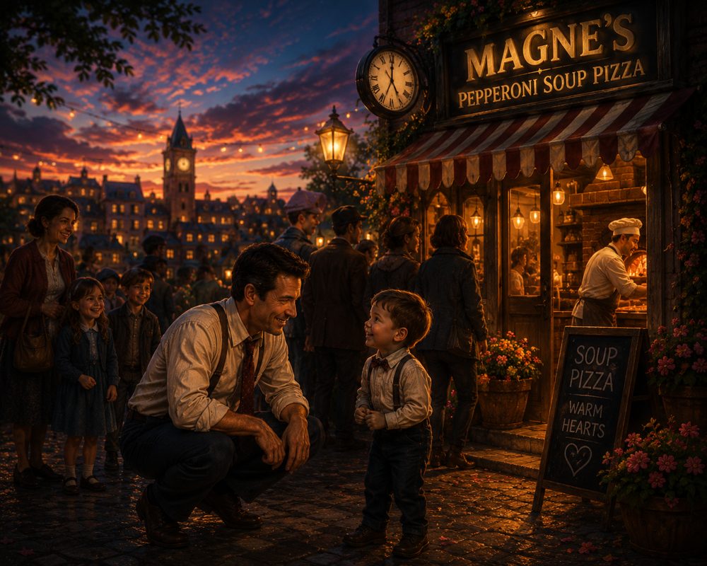 Magne's busy pizza shop at dusk