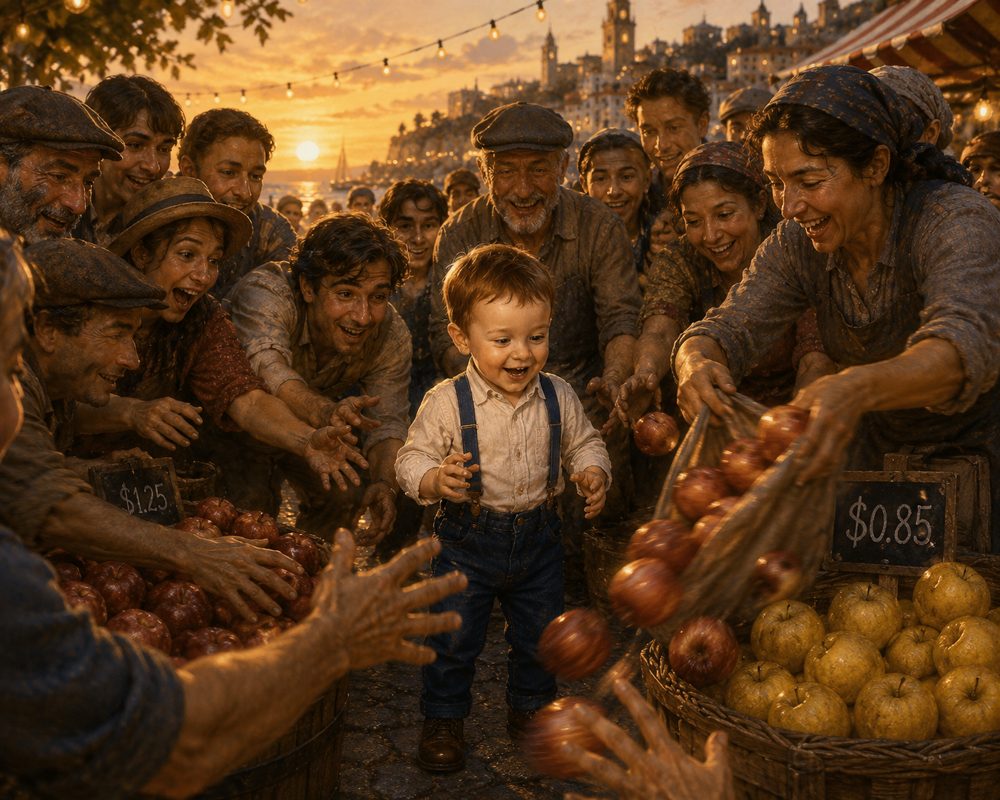 A crowd reaching for the cheap apples