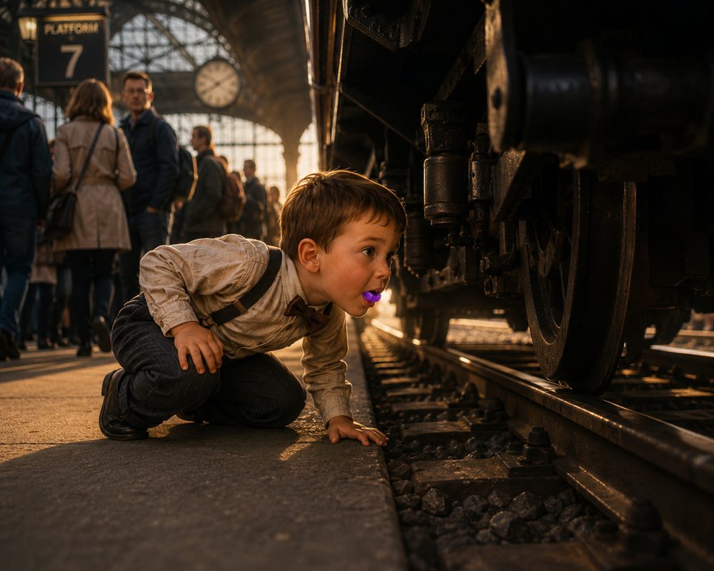 Mr. M and Magne on a train platform under a great clock