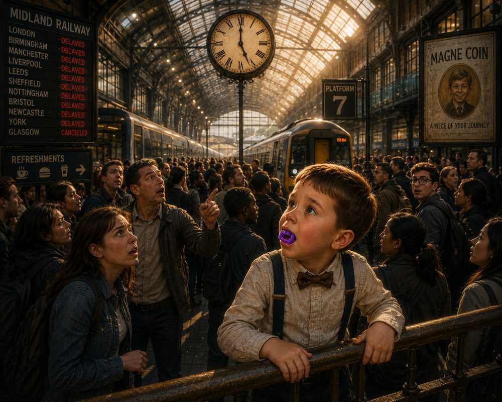 Mr. M and Magne on a train platform under a great clock