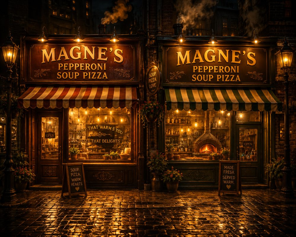 Two glowing shops side by side at night