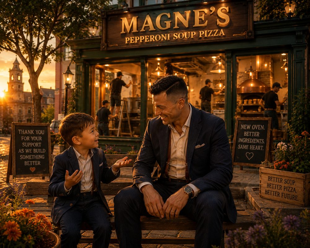 Magne and Mr. M outside the thriving shop