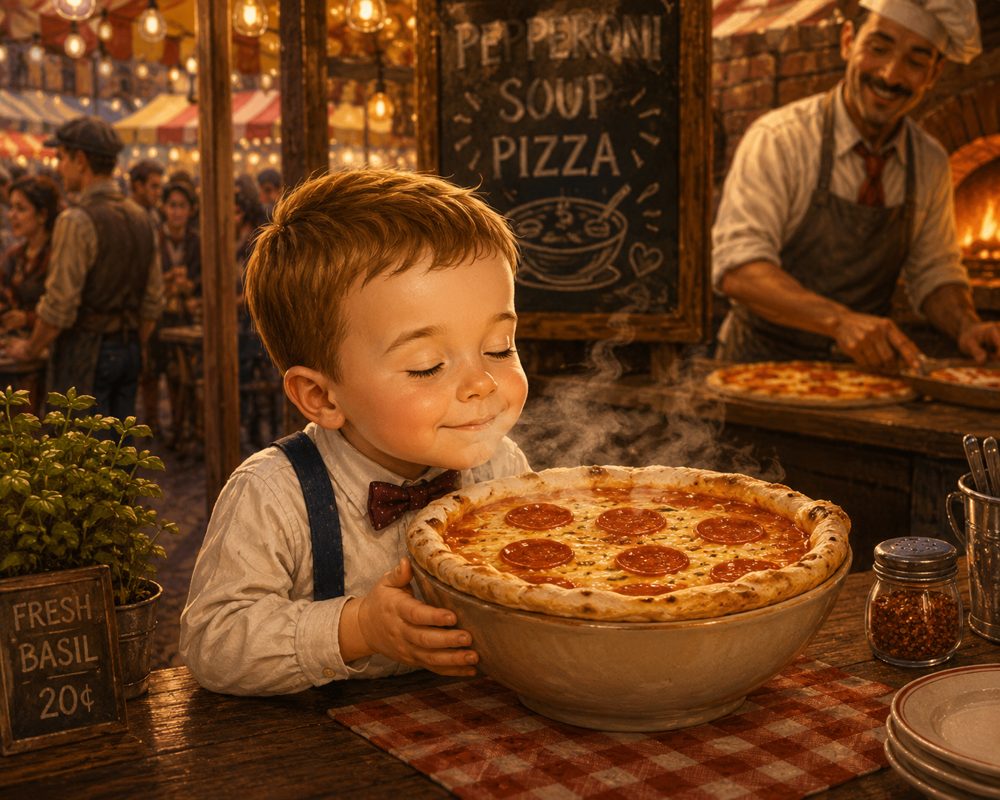 Magne holding pepperoni soup pizza
