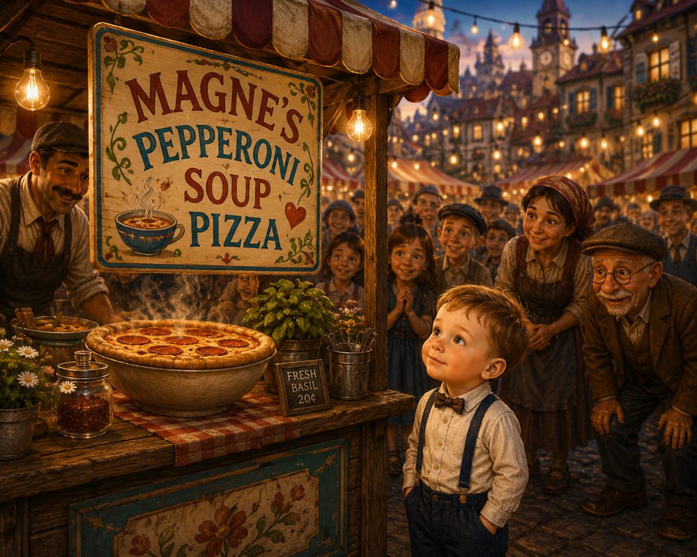 The new pizza shop sign and a curious crowd