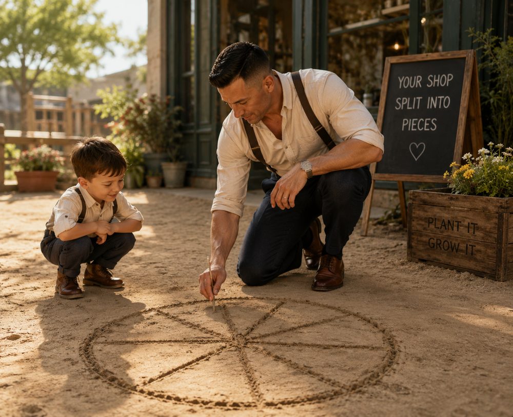 Mr. M draws the shop as a circle in the dirt