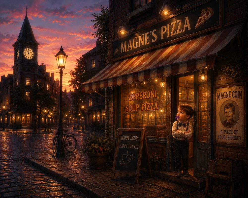 Magne's pizza shop glowing in the market at night